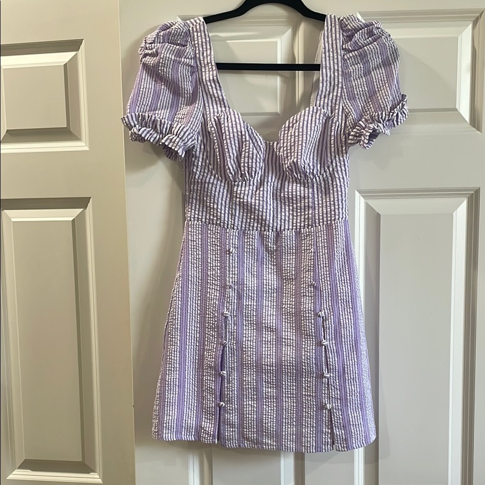 Tularosa Purple and White Puff Sleeve Mini Sundress